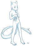  2017 anthro aogami blush claws confusion cub cuntboy dragon embarrassed english_text eyes_closed flask fur furred_dragon gender_transformation intersex long_tail monochrome mtf_transformation navel nude pussy simple_background solo standing text toe_claws transformation xine young 