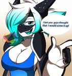  2017 anthro big_breasts blue_eyes blue_hair breasts cetacean clothed clothing dragon english_text female hair hair_over_eye hybrid looking_at_viewer low_res mammal marine multicolored_hair open_mouth orca penelope rainbowscreen simple_background smile solo text two_tone_hair whale wings 