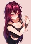  :t blush boyshorts breasts cleavage cowboy_shot crop_top eyebrows_visible_through_hair fate/grand_order fate_(series) hair_between_eyes highres hplay long_hair looking_at_viewer medium_breasts midriff navel purple_hair red_eyes restrained scathach_(fate)_(all) scathach_(fate/grand_order) short_shorts shorts simple_background solo strap_slip tank_top very_long_hair 