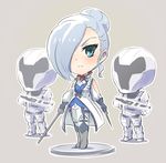  blue_eyes chibi commentary_request dagger figma figma_stand gun hair_bun hair_over_one_eye iesupa rapier robot rwby sword weapon white_hair winter_schnee 