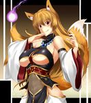  animal_ears blonde_hair blush breasts fox_ears fox_tail highres huge_breasts licking_lips long_hair looking_at_viewer maki_ikazuya navel original purple_eyes revision see-through smile solo tail tongue tongue_out underboob underboob_cutout 