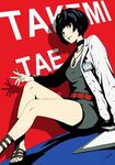  1girl artist_name bare_legs belt blue_hair bowl_cut breasts brown_eyes character_name choker cleavage clipboard collar dress feet full_body jewelry labcoat long_sleeves looking_at_viewer medium_breasts nail_polish needle parted_lips pen persona persona_5 red_nails short_hair signature sitting solo studded_collar takemi_tae toes werkbau 