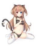  absurdres animal_ears bell bell_collar black_bra black_panties blue_eyes blush bra breasts brown_hair cat_ears cat_lingerie cat_tail cleavage cleavage_cutout closed_mouth collar earrings eyebrows_visible_through_hair girls_frontline heart heart_cutout heart_earrings heterochromia highres jewelry large_breasts long_hair looking_at_viewer meme_attire mk_23_(girls_frontline) navel panties red_eyes seventeen_(st17215) side-tie_panties sitting smile solo tail tail_bell thighhighs underwear white_legwear 