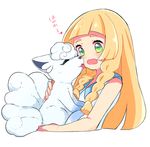  alolan_form alolan_vulpix bangs bare_arms bare_shoulders blonde_hair blunt_bangs braid closed_eyes collared_dress commentary_request dress face_licking green_eyes hetchhog_tw holding licking lillie_(pokemon) long_hair looking_at_another open_mouth pokemon pokemon_(anime) pokemon_(creature) pokemon_sm_(anime) simple_background sleeveless sleeveless_dress sundress thick_eyebrows twin_braids upper_body wavy_mouth white_background white_dress 