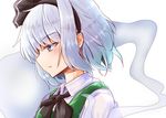  bangs black_bow black_neckwear blue_eyes blush bow bowtie collared_shirt eyebrows_visible_through_hair from_side gradient_hair hair_bow konpaku_youmu konpaku_youmu_(ghost) looking_to_the_side multicolored_hair oshiaki parted_lips portrait profile red_bow shirt short_hair simple_background solo sweat touhou white_background white_shirt 