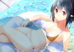  absurdres bad_id bad_pixiv_id beach_umbrella bikini black_hair hat highres innertube looking_at_viewer partially_submerged pointy_ears red_eyes shameimaru_aya short_hair sitting smile solo swimsuit tokin_hat touhou umbrella water white_bikini yusake_san 