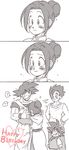  3boys :d ? black_eyes black_hair blush brothers chi-chi_(dragon_ball) chinese_clothes comic couple dougi dragon_ball dragon_ball_z family father_and_son frown hand_on_hip happy happy_birthday heart highres hug husband_and_wife long_sleeves looking_at_another looking_away monochrome mother_and_son multiple_boys nervous open_mouth panels siblings silent_comic simple_background smile son_gohan son_gokuu son_goten spot_color tears tied_hair tkgsize white_background wristband 