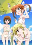  arms_up ass bare_shoulders beach bent_over blonde_hair blue_eyes blue_hair blush brown_hair camisole clothes_removed cloud cloudy_sky commentary_request day fate_testarossa hair_ornament hair_ribbon long_hair lyrical_nanoha mahou_shoujo_lyrical_nanoha mahou_shoujo_lyrical_nanoha_a's midriff miyajima_hitoshi multiple_girls navel off_shoulder one_eye_closed open_mouth outdoors panties purple_eyes red_eyes reinforce_zwei ribbon short_hair short_twintails sky smile takamachi_nanoha twintails umbrella underwear x_hair_ornament yagami_hayate 