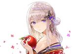  :&lt; apple blue_eyes bra_strap breasts cleavage flower food fruit hair_flower hair_ornament japanese_clothes kim_eb kimono looking_at_viewer medium_breasts original silver_hair solo strap_slip white_background 