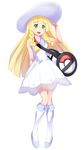  :d bag bare_arms bare_shoulders blonde_hair blue_footwear braid collared_dress commentary_request dress duffel_bag eyebrows_visible_through_hair full_body green_eyes gym_bag hand_on_headwear hat kneehighs lillie_(pokemon) long_hair open_mouth poke_ball_theme pokemon pokemon_(game) pokemon_sm see-through shoes shoulder_bag simple_background sleeveless sleeveless_dress smile solo standing sun_hat sundress tsukishima_misuto twin_braids white_background white_dress white_hat white_legwear 