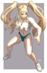  blonde_hair blue_panties breasts casual cleavage commentary crop_top crop_top_overhang diepod fighting_stance full_body large_breasts long_hair midriff no_mask no_pants panties rainbow_mika shoes sketch sneakers solo street_fighter street_fighter_v twintails underwear very_long_hair 