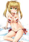  ahoge arm_support bangs bikini blonde_hair blush breasts closed_mouth commentary_request criss-cross_halter fate/grand_order fate_(series) green_eyes groin hair_intakes halterneck kei_kei large_breasts long_hair looking_at_viewer navel nero_claudius_(fate)_(all) nero_claudius_(swimsuit_caster)_(fate) sitting smile solo stomach striped striped_bikini swimsuit twintails twitter_username 