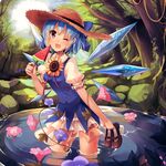  ;d blue_bow blue_eyes blue_hair blue_shirt blue_skirt blue_wings blush bow breasts cirno collared_shirt commentary_request day eyebrows_visible_through_hair fang flower food forest grass hat holding holding_shoes ice ice_wings kirero leaf light_rays looking_at_viewer mary_janes morning_glory nature one_eye_closed open_mouth outdoors plant popsicle puffy_short_sleeves puffy_sleeves red_ribbon ribbon rock shirt shoes shoes_removed short_hair short_sleeves skirt small_breasts smile solo standing straw_hat summer sunbeam sunflower sunlight tan tanned_cirno touhou tree wading water watermelon_bar wings 