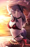  arm_strap arms_up ascot ball beach beachball belly_chain breasts carmilla_(fate/grand_order) cleavage curly_hair fate/grand_order fate_(series) fingernails hairband highres jewelry large_breasts layered_bikini lips long_fingernails long_hair looking_at_viewer navel one_eye_closed outdoors ponytail silver_hair solo spiked_hairband spikes summertime_mistress_(fate/grand_order) sunset yellow_eyes yurinotubomi 