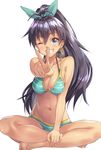  ;) antenna_hair bare_legs barefoot bikini black_hair blue_eyes breasts cleavage earrings ganaha_hibiki green_bikini grin hair_between_eyes hair_ribbon hand_on_own_leg highres hoop_earrings idolmaster idolmaster_(classic) indian_style jewelry layered_bikini long_hair looking_at_viewer medium_breasts navel one_eye_closed parted_lips ponytail ribbon satoutakahumi simple_background sitting smile solo swimsuit v white_background 