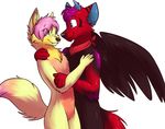  2015 anthro blue_eyes canine duo eye_contact fangs female fizzy-dog fur hair horn hug looking_down looking_up male male/female mammal nude pink_hair purple_eyes purple_fur purple_hair red_fur short_hair simple_background slovenskiy smile standing tan_fur white_background wings wolf 