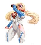  blonde_hair blue_eyes bodysuit boots breasts cleavage cleavage_cutout cosplay covered_navel cropped_legs dc_comics diepod domino_mask fingerless_gloves gloves large_breasts leotard long_hair mask microphone power_girl power_girl_(cosplay) rainbow_mika shoulder_pads solo street_fighter superhero thigh_boots thighhighs toned twintails very_long_hair white_background 