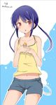  2girls blue_hair dated female giantess multiple_girls navel noneto open_mouth short_shorts shorts size_difference 