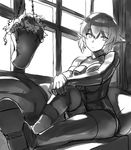  breasts collarbone commentary_request detached_collar elbow_gloves eyebrows_visible_through_hair gloves greyscale hands_on_own_knee indoors large_breasts lolicept looking_to_the_side monochrome original plant pointy_ears potted_plant short_hair sitting sketch solo thighhighs window 