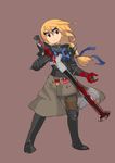  absurdres agrias_oaks armor belt blonde_hair blood braid fgz final_fantasy final_fantasy_tactics gauntlets greaves highres long_hair pauldrons red_eyes skirt solo sword thighhighs weapon 
