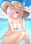  bangs bare_arms bare_legs bare_shoulders between_legs bikini blue_sky blush breasts cleavage closed_mouth cloud cloudy_sky collarbone day ero_waifu eyebrows_visible_through_hair fate/grand_order fate_(series) feet_out_of_frame front-tie_bikini front-tie_top hair_over_one_eye hand_between_legs hand_on_headwear hat hat_ribbon knees_together_feet_apart large_breasts mash_kyrielight medium_hair navel ocean outdoors purple_eyes purple_hair ribbon side-tie_bikini sitting sky smile solo straw_hat sun_hat swimsuit water water_drop white_bikini white_ribbon 
