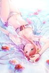  breasts cleavage commentary_request flower granblue_fantasy henriette_(shingeki_no_bahamut) long_hair looking_at_viewer lying medium_breasts myusha navel on_back open_clothes open_shirt partially_submerged red_eyes red_hair shingeki_no_bahamut shirt solo water wet wet_clothes white_shirt 