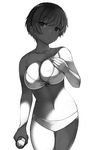  bow bow_bra bra can collarbone commentary_request cowboy_shot greyscale hand_on_own_chest lolicept looking_to_the_side monochrome navel original short_hair solo underwear white_background 