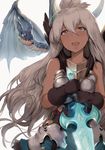  armor armored_dress black_gloves blush brown_eyes commentary dark_skin dragon gloves granblue_fantasy hews_hack highres holding holding_sword holding_weapon long_hair open_mouth simple_background smile solo sword weapon white_background white_hair zooey_(granblue_fantasy) 