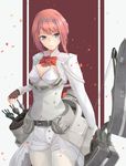  ark_royal_(kantai_collection) arrow belt blue_eyes bow_(weapon) breastplate breasts buttons cleavage cleavage_cutout fingerless_gloves gloves grey_shirt grey_shorts hairband jenson_tw kantai_collection pantyhose quiver red_hair shirt short_hair short_shorts shorts small_breasts solo waist_cape weapon white_legwear 