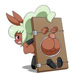  2017 anthro anus areola bdsm bondage bound breasts bunny_mint butt female green_hair hair lagomorph lonbluewolf looking_back mammal nipples purple_eyes pussy rabbit simple_background solo sweat teeth video_games white_background yo-kai_watch 