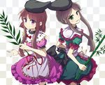  apron bamboo bow brown_hair checkered checkered_background dress frills green_dress green_eyes green_hair hat highres mimottei multiple_girls myouga_(plant) nishida_satono purple_dress purple_eyes ribbon short_hair short_hair_with_long_locks tate_eboshi teireida_mai touhou waist_apron 