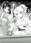  :o absurdres alternate_hairstyle ayase_eli blush braid calligraphy_brush_(medium) crown_braid fireworks fish goldfish goldfish_scooping greyscale hair_ornament hair_up highres ikayaki japanese_clothes kimono love_live! love_live!_school_idol_project millipen_(medium) monochrome multiple_girls nib_pen_(medium) obi ponytail sash satoutakahumi sky star star_(sky) star_hair_ornament starry_sky toujou_nozomi traditional_media wide_sleeves 