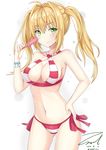  ahoge artist_name bikini blonde_hair blush bracelet breasts cleavage closed_mouth cowboy_shot criss-cross_halter dated earrings eyebrows_visible_through_hair fate/grand_order fate_(series) food green_eyes halterneck hand_on_hip holding jewelry large_breasts long_hair looking_at_viewer navel nero_claudius_(fate)_(all) nero_claudius_(swimsuit_caster)_(fate) pinky_out popsicle side-tie_bikini signature smile solo striped striped_bikini swimsuit twintails twitter_username unel white_background 