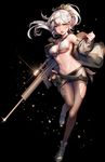  belt bikini_top black_background full_body girls_frontline gun highres jacket kyjsogom long_hair looking_at_viewer midriff miniskirt navel open_mouth pantyhose ponytail psg-1_(girls_frontline) rifle shoes silver_eyes skirt solo standing standing_on_one_leg torn_clothes torn_legwear weapon white_hair 