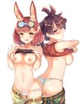  animal_ears arched_back ass back back-to-back bandeau bandeau_lift bare_shoulders belt blue_panties blush breasts bunny_ears calm_mashiro cameltoe cestus_(sekaiju) goggles goggles_on_head hound_(sekaiju) large_breasts long_hair looking_at_viewer looking_back medium_breasts multiple_girls navel nipples open_clothes open_mouth open_shorts panties panties_under_shorts panty_pull pink_hair pink_panties purple_eyes purple_hair sekaiju_no_meikyuu sekaiju_no_meikyuu_5 shirt_lift short_hair shorts shorts_pull smile stomach twintails underwear white_background yellow_eyes 
