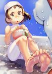  ball bare_legs bare_shoulders barefoot blush brown_hair covered_nipples feet green_eyes highres multiple_girls one-piece_swimsuit original short_hair sitting soles solo_focus soon swim_cap swimsuit toes wet wet_clothes 