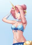  adjusting_hair arms_up blue_eyes breasts cleavage collarbone fate/apocrypha fate/grand_order fate_(series) frankenstein's_monster_(fate) frankenstein's_monster_(swimsuit_saber)_(fate) hair_bun heterochromia highres horn large_breasts looking_at_viewer miuka navel pink_hair short_hair solo upper_body yellow_eyes 