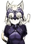  ahoge animal_ears arms_behind_back artist_name blonde_hair blush cat_ears cat_tail cowfee eyebrows_visible_through_hair fate/grand_order fate_(series) furrowed_eyebrows headpiece highres jeanne_d'arc_(alter)_(fate) jeanne_d'arc_(fate)_(all) kemonomimi_mode looking_at_viewer pout short_hair short_sleeves simple_background solo tail upper_body white_background yellow_eyes 