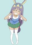  absurdres alternate_costume animal_ears blush commentary dark_skin donguri_suzume facial_mark fate/grand_order fate_(series) grin hairband highres jackal_ears long_hair looking_at_viewer nitocris_(fate/grand_order) purple_hair smile solo thighhighs very_long_hair white_legwear younger 