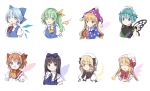  6+girls american_flag_dress antennae ascot bangs black_hair black_neckwear black_ribbon blonde_hair blue_bow blue_dress blue_eyes blue_hair blunt_bangs bow bowtie brown_eyes butterfly_wings cirno clownpiece cropped_torso daiyousei dress drill_hair eternity_larva eyebrows_visible_through_hair eyes_closed fairy_wings green_eyes green_hair hair_bow hair_ribbon hat highres jester_cap leaf leaf_on_head lily_white looking_at_viewer luna_child multiple_girls neck_ruff open_mouth orange_hair polka_dot puffy_short_sleeves puffy_sleeves purple_hat red_bow red_eyes red_neckwear ribbon risui_(suzu_rks) shirt short_hair short_sleeves side_ponytail simple_background sleeveless sleeveless_dress smile star star_print star_sapphire striped sunny_milk touhou two_side_up white_background white_hat white_shirt wing_collar wings yellow_neckwear yellow_ribbon 