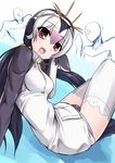  8000 :d black_hair crossover kemono_friends kenzen_robo_daimidaler low_twintails multicolored_hair open_mouth penguin_tail red_eyes royal_penguin_(kemono_friends) smile solo_focus tail thighhighs twintails two-tone_hair white_hair white_legwear 