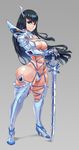  black_hair breasts cleavage cosplay cutesexyrobutts highres isabella_valentine isabella_valentine_(cosplay) junketsu kill_la_kill kiryuuin_satsuki long_hair looking_at_viewer navel skindentation smile solo soulcalibur stomach sword thick_thighs thighhighs thighs weapon whip_sword 