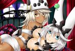  2girls ahoge arc_system_works ass bare_shoulders bed blue_eyes blush breasts bunny_ears chukachuka cleavage dark_skin dress elphelt_valentine full_moon guilty_gear guilty_gear_xrd guilty_gear_xrd:_revelator hat large_breasts long_hair looking_at_viewer looking_back lying moon multiple_girls night on_side on_stomach orange_eyes platinum_blonde ramlethal_valentine shiny shiny_clothes shiny_hair shiny_skin short_hair short_shorts shorts siblings silver_hair sisters smile spiked_collar spikes 