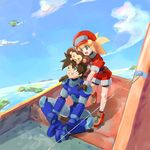  bike_shorts blonde_hair dinef gloves green_eyes hat long_hair open_mouth red_shorts rock_volnutt rockman rockman_dash roll_caskett shorts smile 