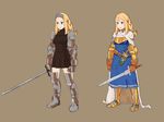  agrias_oaks armor black_dress blonde_hair blue_eyes boobplate breastplate breasts brown_background cape dagger dress fgz final_fantasy final_fantasy_tactics full_body holding holding_sword holding_weapon long_hair long_sword medium_breasts multiple_views no_nose sheath sheathed simple_background sword unsheathed weapon white_cape 
