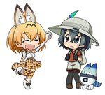  :d :o animal_ears arm_up backpack bag black_eyes black_gloves black_hair blonde_hair bow bowtie chibi clenched_hands closed_eyes commentary_request elbow_gloves eyebrows_visible_through_hair full_body gloves hair_between_eyes hand_up happy hat hat_feather helmet high-waist_skirt ikkyuu kaban_(kemono_friends) kemono_friends knees_together_feet_apart looking_at_another looking_up lucky_beast_(kemono_friends) multiple_girls open_mouth outstretched_arm pantyhose pantyhose_under_shorts pith_helmet red_shirt serval_(kemono_friends) serval_ears serval_print serval_tail shirt short_hair short_sleeves shorts simple_background skirt sleeveless sleeveless_shirt smile standing standing_on_one_leg striped_tail tail thighhighs wavy_hair white_background zettai_ryouiki 