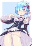  ass_visible_through_thighs blue_background blue_eyes blue_hair bow bow_panties detached_sleeves frilled_sleeves frills from_below hair_ornament hair_over_one_eye hair_ribbon highres maid maid_headdress panties panty_pull re:zero_kara_hajimeru_isekai_seikatsu red_ribbon rem_(re:zero) ribbon ribbon-trimmed_clothes ribbon_trim shiny shiny_hair short_hair solo subachi underbust underwear white_panties wind wind_lift x_hair_ornament 