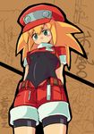  bike_shorts blonde_hair gloves green_eyes hat long_hair open_mouth red_shorts rock_volnutt rockman rockman_dash roll_caskett shorts smile zeke_(analogmon) 