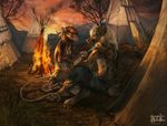  anthro braiding breasts campfire claws cleavage clothed clothing detailed_background digitigrade duo facial_piercing female fire hyena inner_ear_fluff male mammal midriff nose_piercing nose_ring notched_ear outside pants pawpads piercing rat rodent sitting sunset tatiilange teepee tent toe_claws toothy_grin topless 