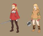  agrias_oaks blonde_hair blue_eyes boots braid breasts brown_background fgz final_fantasy final_fantasy_tactics full_body gloves hairband holding holding_sword holding_weapon jitome long_hair long_sleeves medium_breasts medium_hair multiple_views pantyhose red_gloves simple_background standing sword weapon 